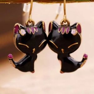 Black Sassy Cat Dangle Drop Earrings